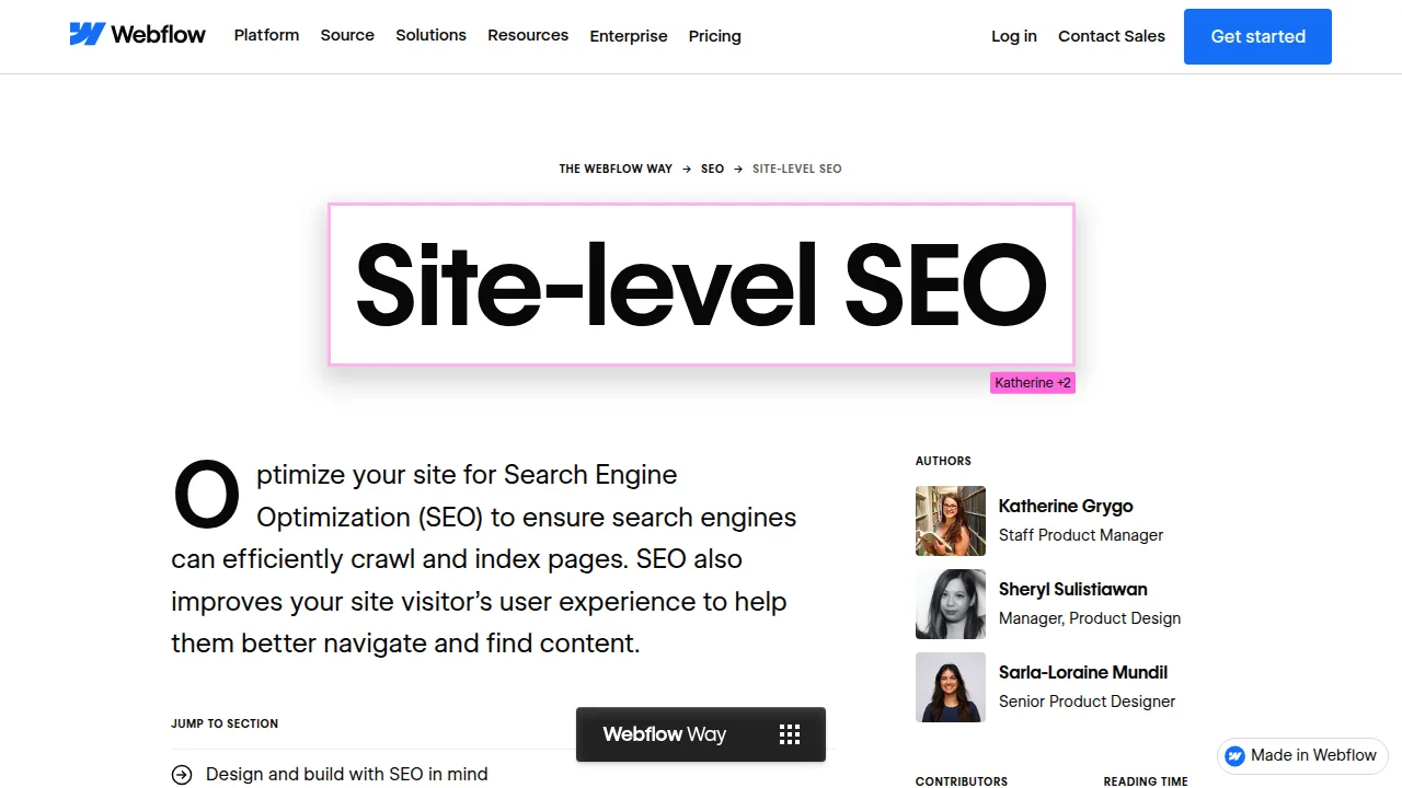Screenshot of Webflow's official Webflow Way guide to site-level SEO settings, showing sitemap and indexing options