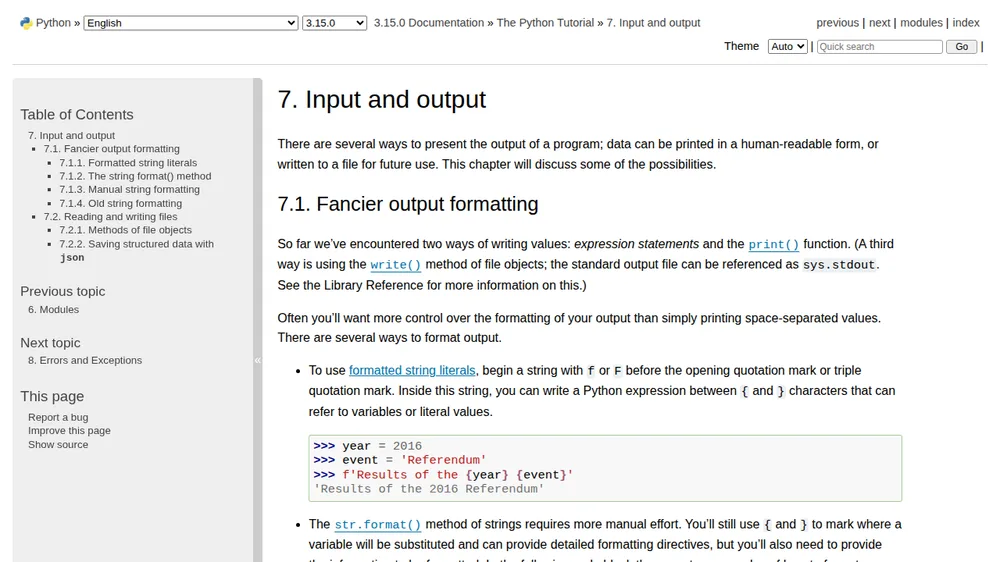 Official Python tutorial documentation page on input and output, the chapter before Errors and Exceptions