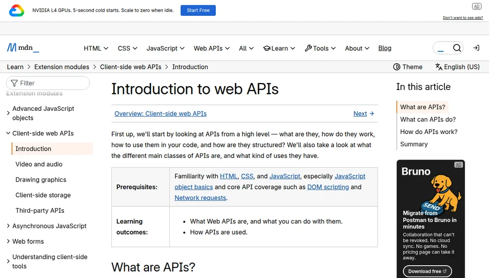 MDN documentation page introducing web APIs in JavaScript