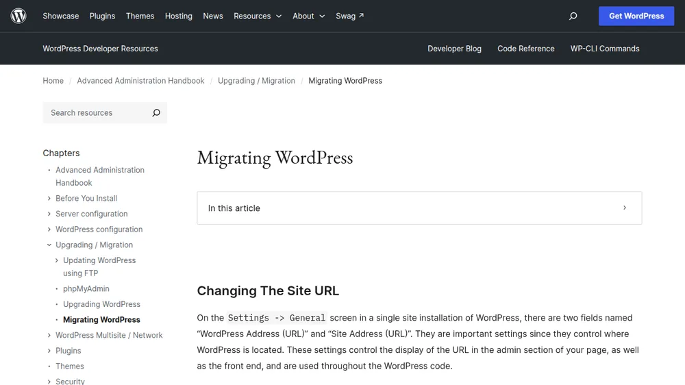 WordPress handbook page on migrating WordPress, a job that starts with a full backup