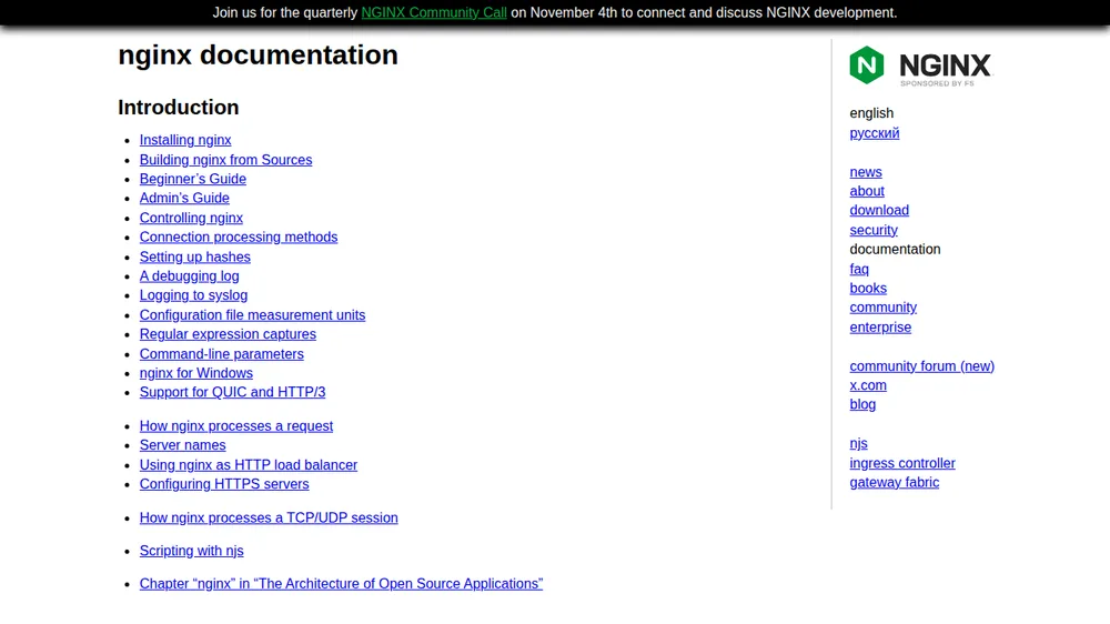 Official Nginx documentation index page at nginx.org