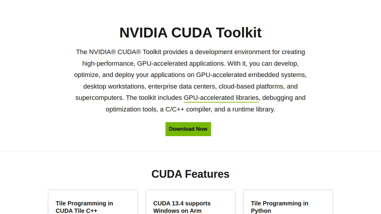 Screenshot of the official NVIDIA CUDA Toolkit page on developer.nvidia.com