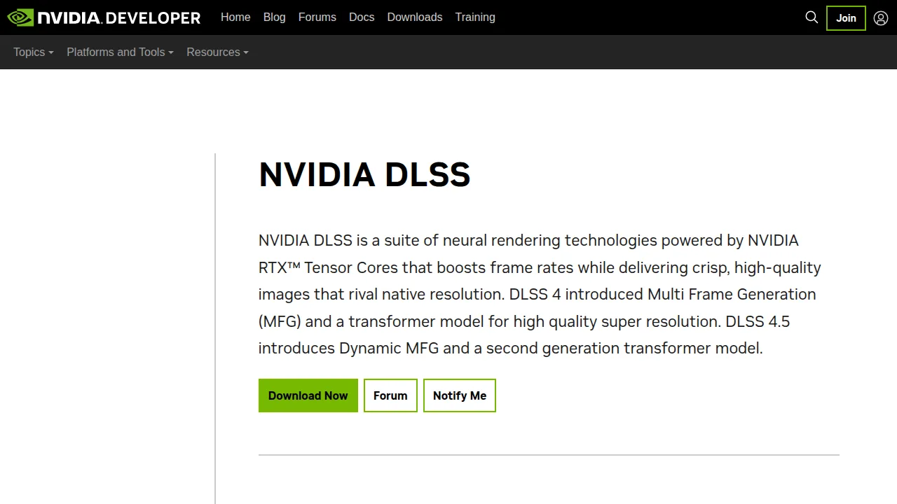 Screenshot of the official NVIDIA DLSS page on NVIDIA Developer (developer.nvidia.com)