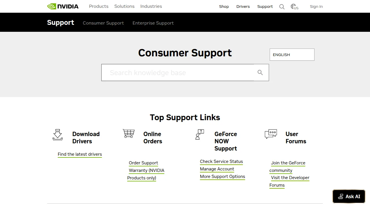 Screenshot of NVIDIA's official Consumer Support page on nvidia.com, showing the Download Drivers link under Top Support Links